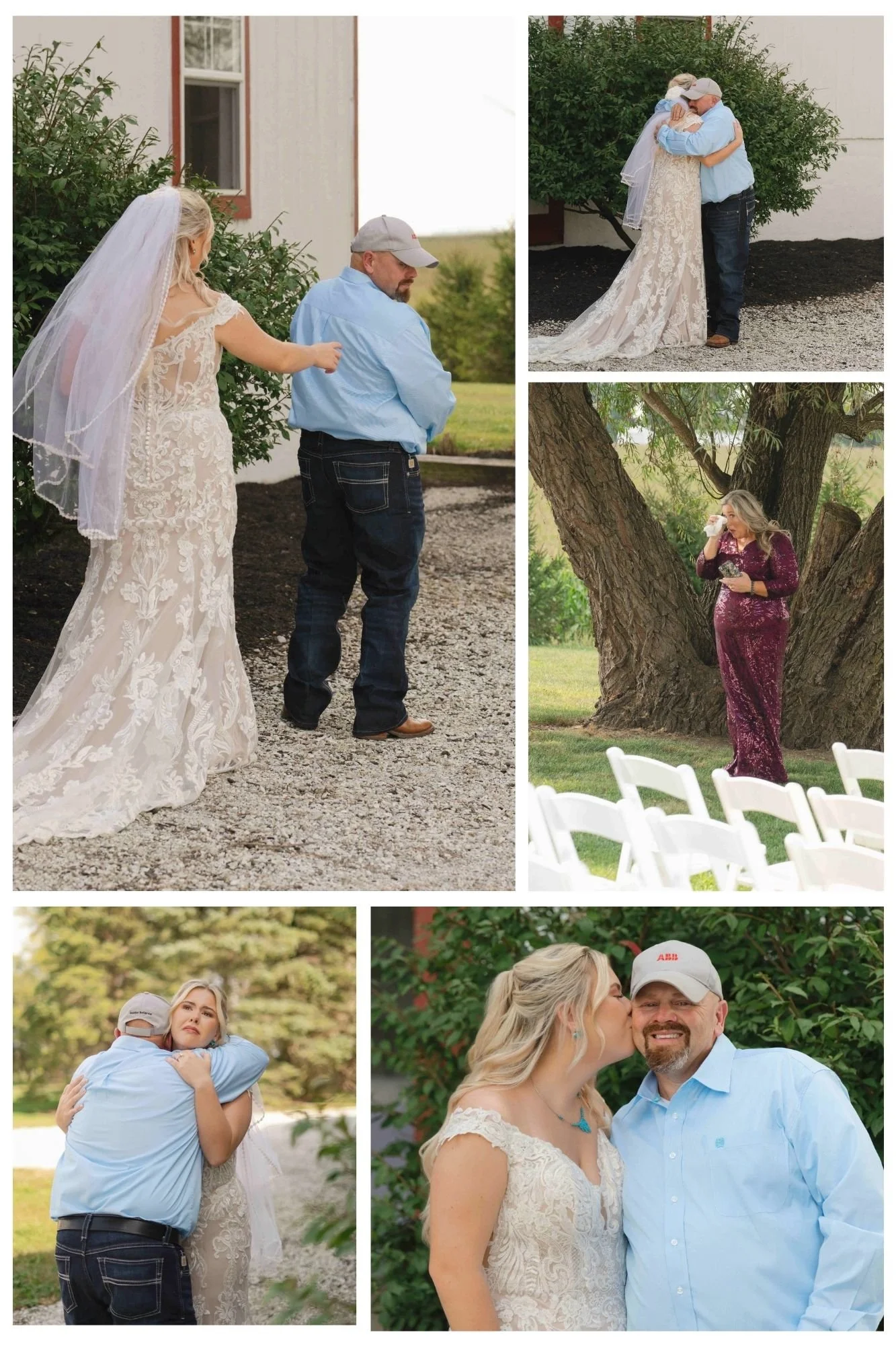 Bride and her dad sharing an emotional first look on her wedding day.  Photo collage of pictures taken during the first look at Governors Pavilion, Wolcott, Indiana.