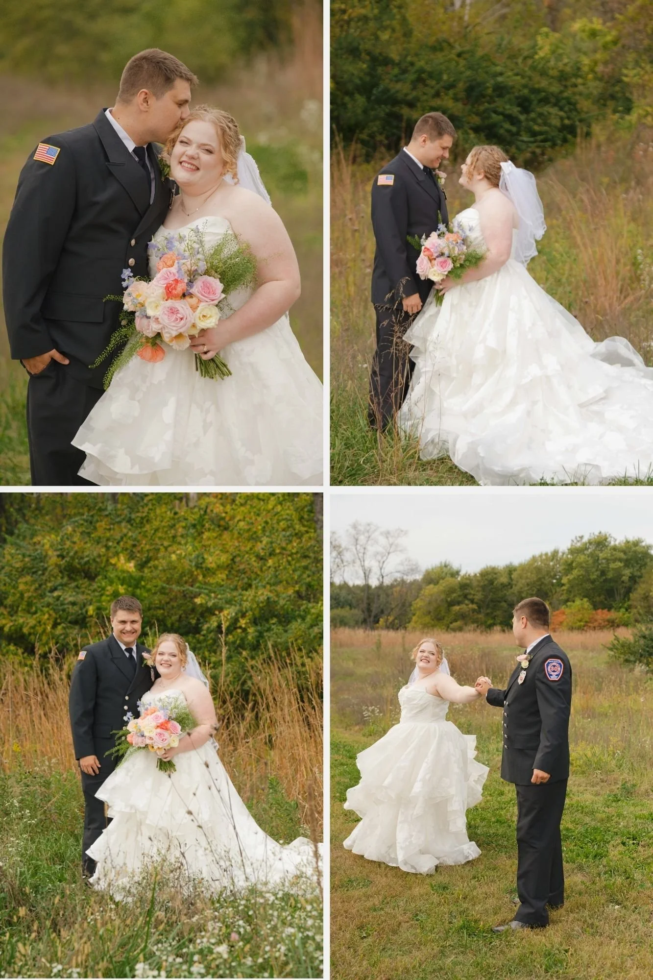 Groom wearing his firefighter dress uniform for wedding at prophetstown state park.