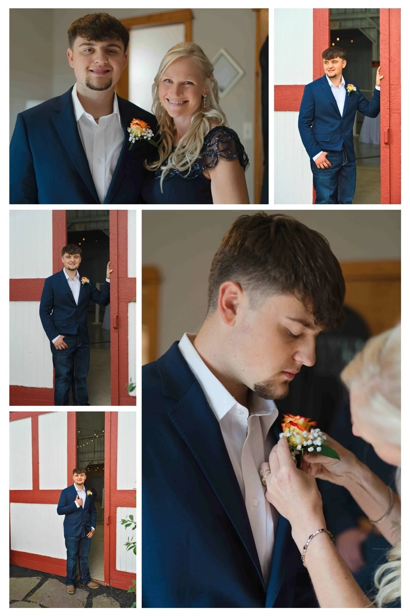 Mom pinning boutonniere on groom