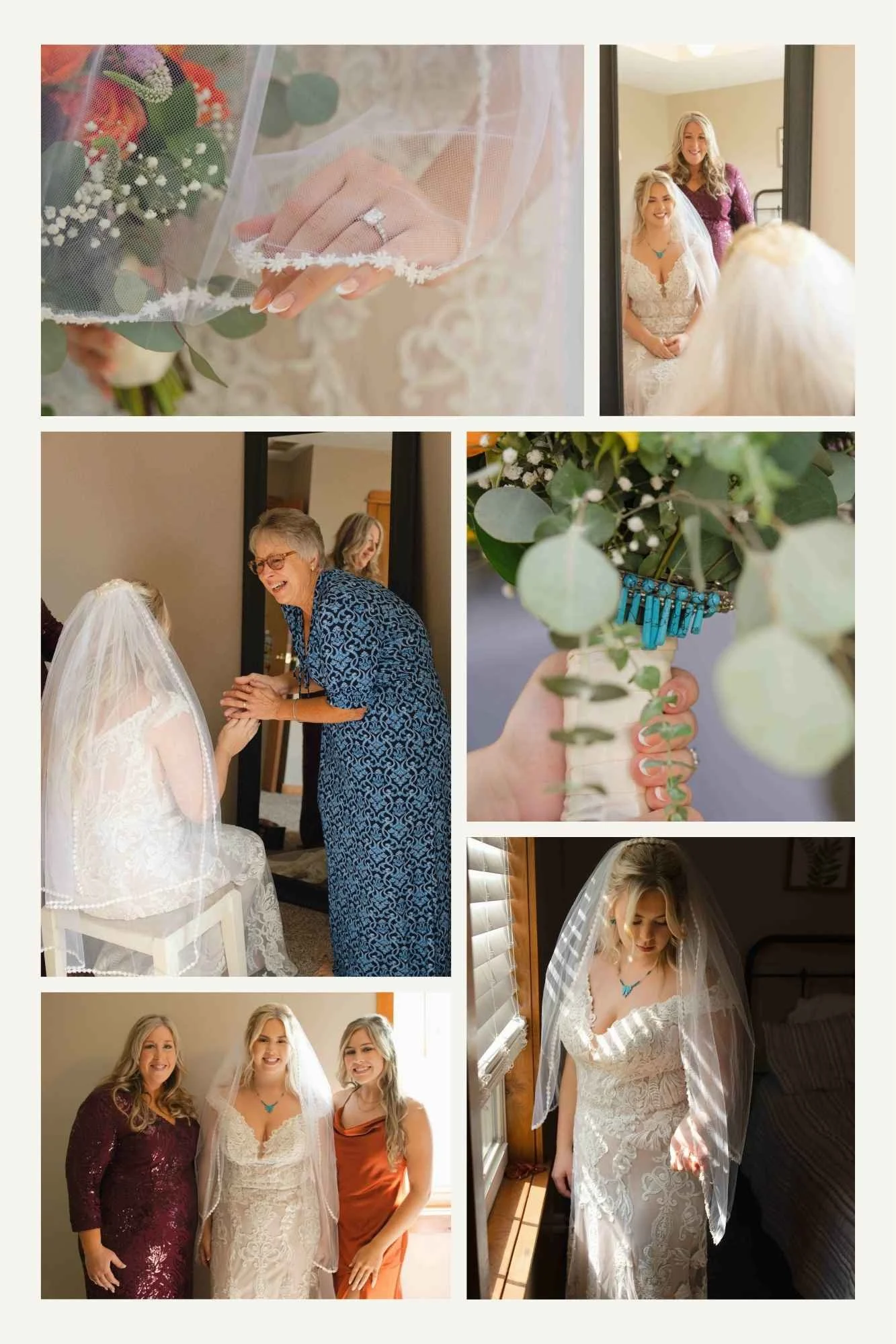 Photo collage of bride getting ready with mom and grandma.  Bride is wearing the wedding veil her grandmother wore that was made by the bride's great grandmother.