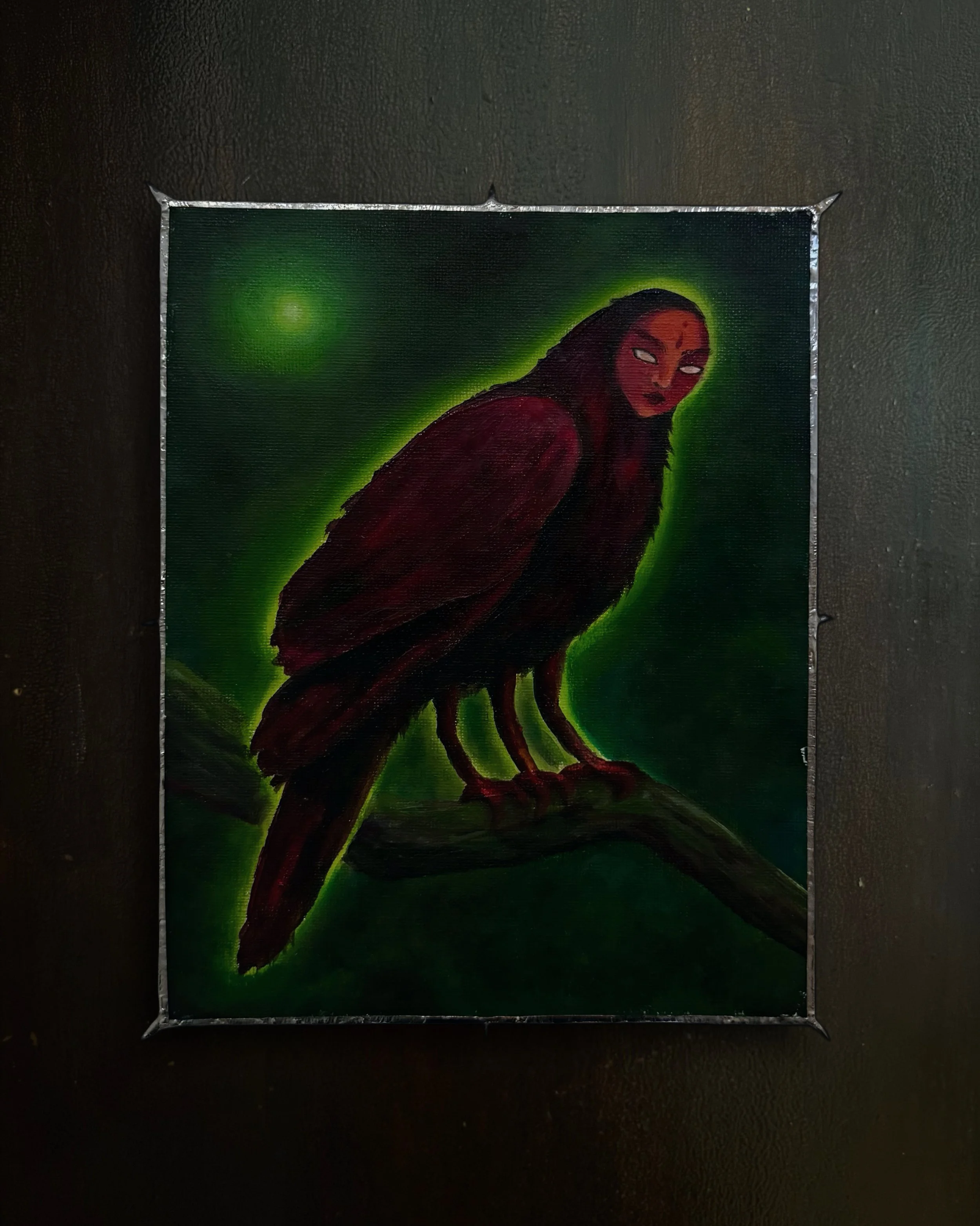 "Yatagarasu" -
oil on panel and silver solder -
8x11 inches -
2025