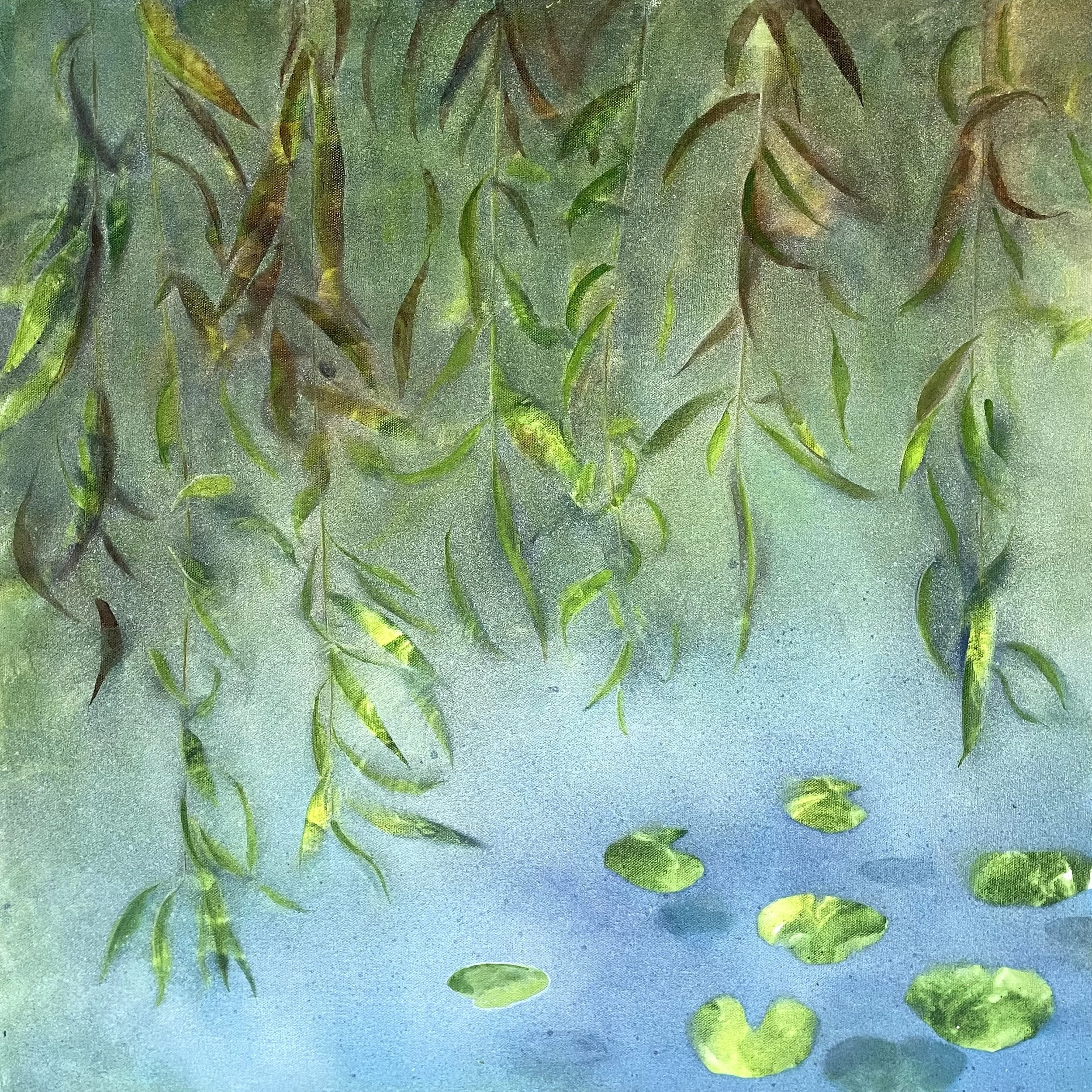 Willow pond; 62 x 62 x 4 cms; acrylic ink and water-based spray paint on canvas
