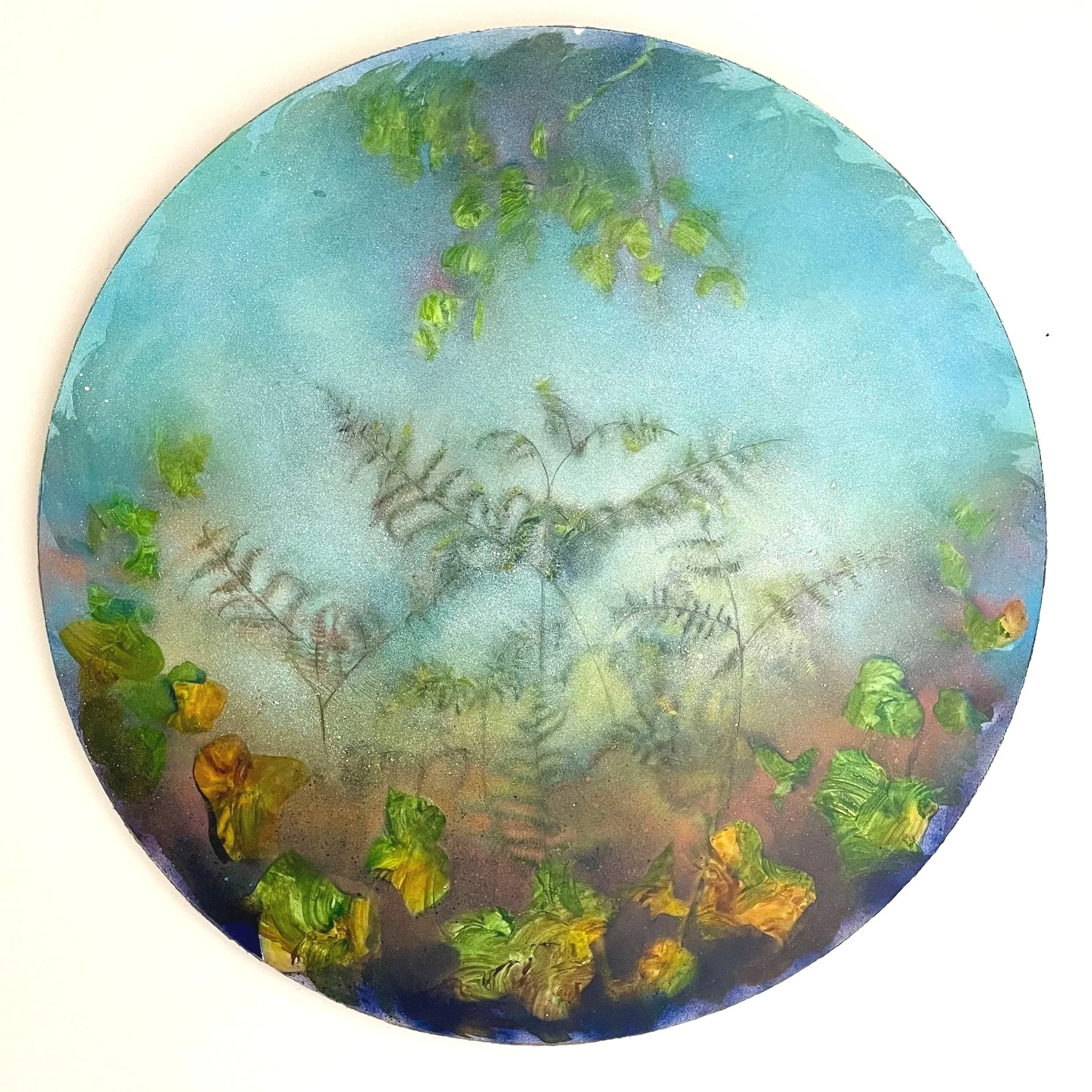 Woodland tondo; 90cms; acrylic ink and water-based spray paint on canvas