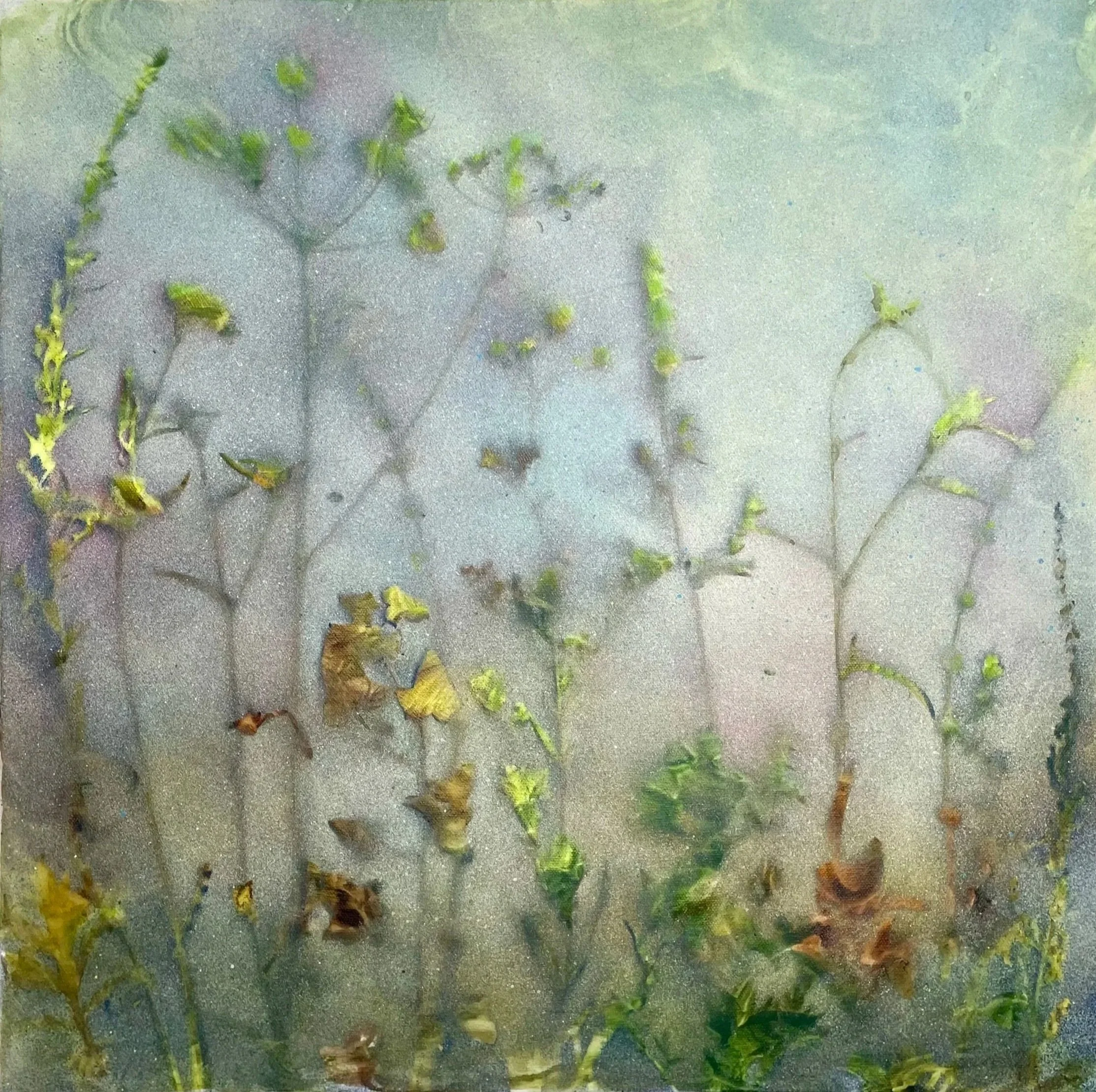 Once upon a misty morning I; ink and spray paint on canvas; 52x52x4cms