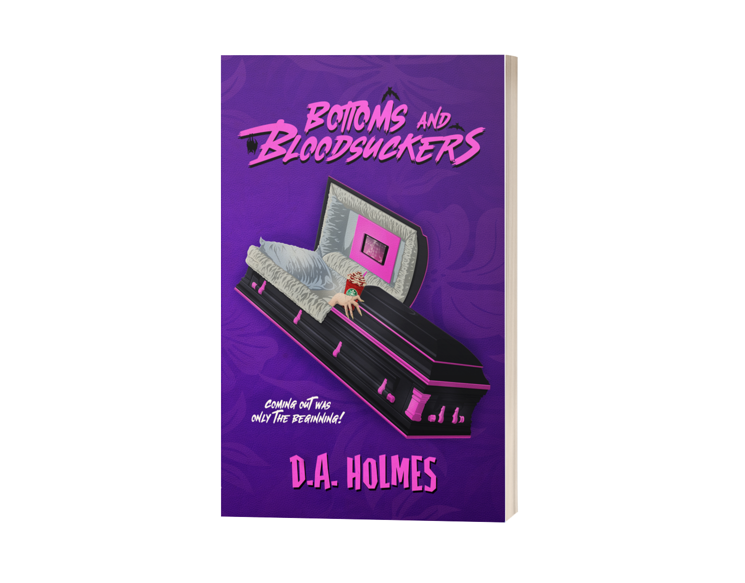 Book cover titled "Bottoms and Bloodsuckers" by D.A. Holmes. The cover features a coffin with a pillow and a hand reaching out with a cup of noodles, set against a purple background with horror-themed imagery.