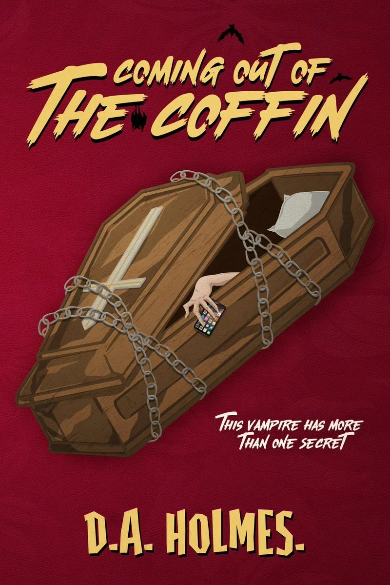 A book-shaped coffin wrapped in chains with a hand holding a smartphone coming out of it, set against a red background with bats flying and the title 'Coming Out of the Coffin' and the author's name D.A. Holmes.