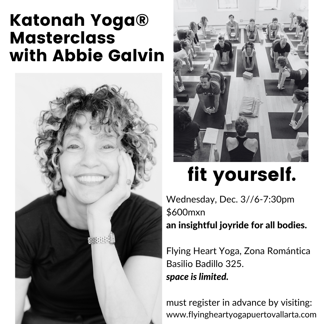 A flyer for a Katanah Yoga Masterclass with Abbie Galvin featuring a black-and-white photo of a smiling woman with curly hair and a yoga class in session.