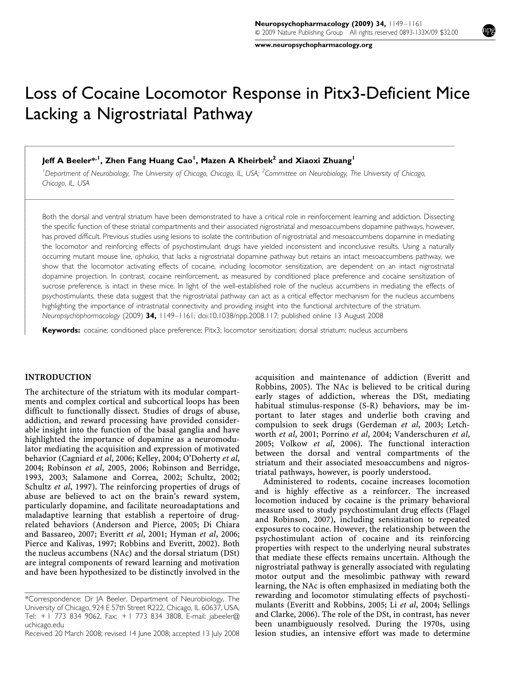 Dissociation of reinforcement and locomotor effects of cocaine in Pitx3 deficient mice