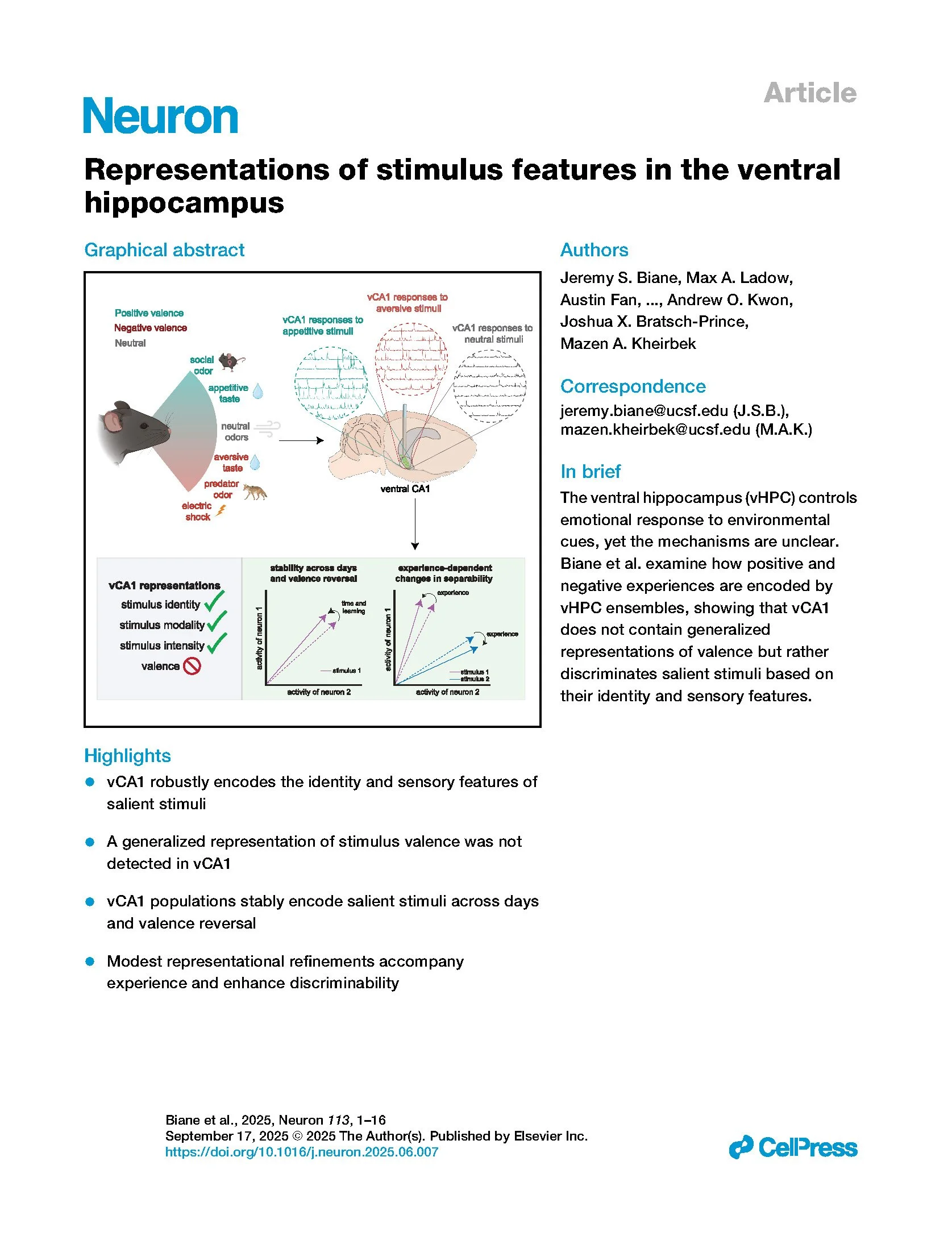 Representations of stimulus features in the ventral hippocampus