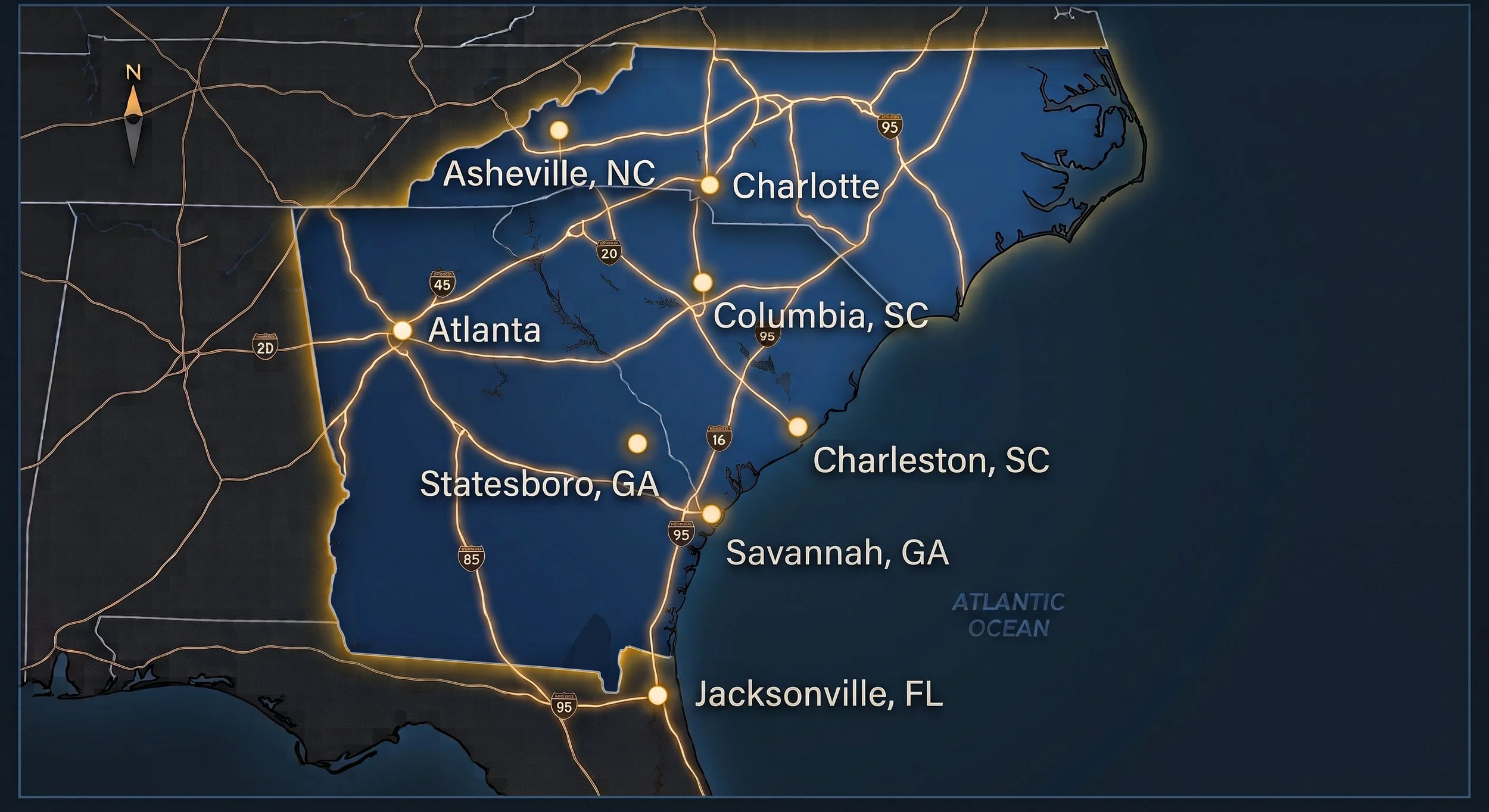 Map highlighting major cities and highways along the southeastern United States, including Charlotte, Asheville, Columbia, Charleston, Savannah, and Jacksonville, with parts of North Carolina, South Carolina, Georgia, and Florida.