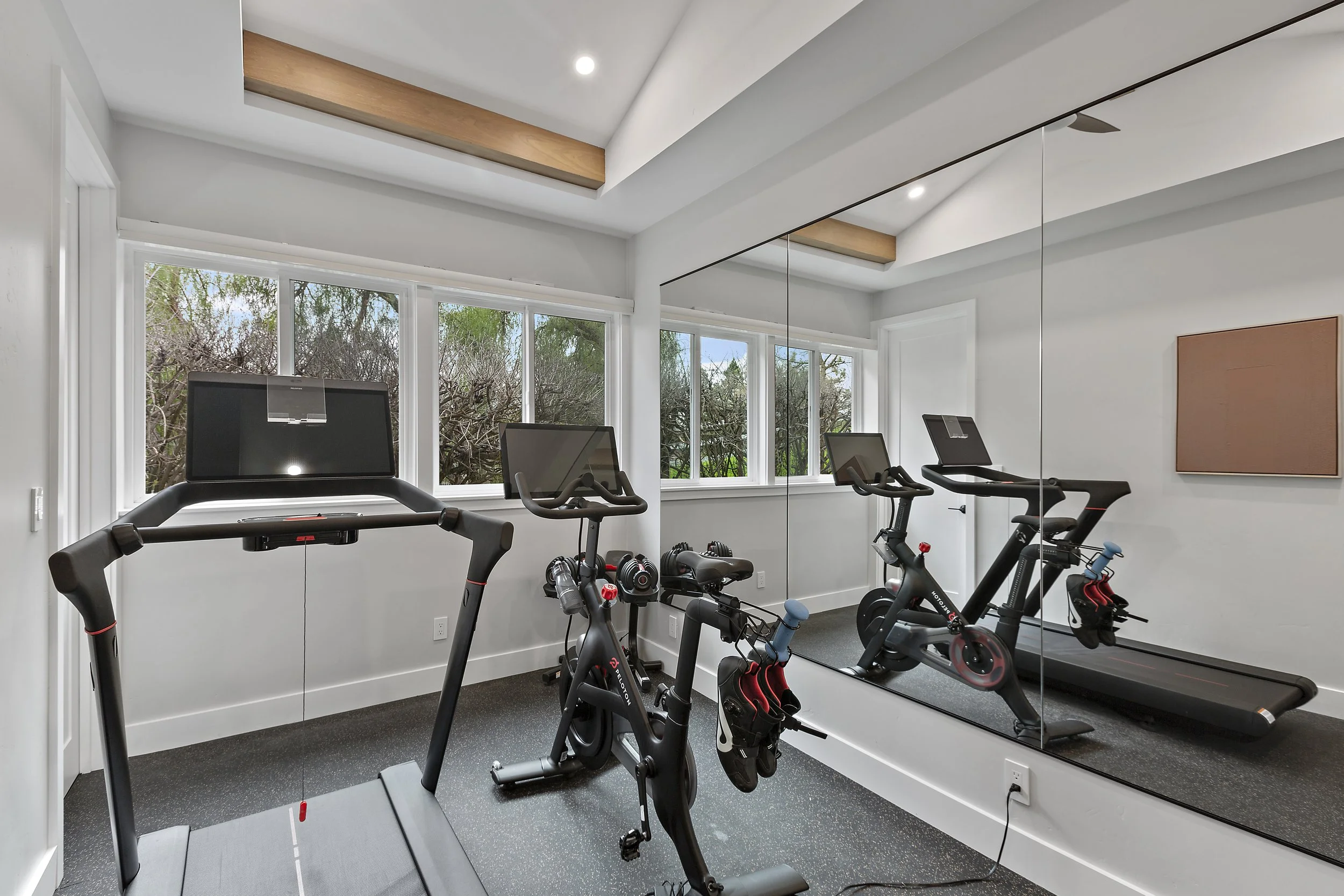Modern home exercise room designed for functionality and wellness, featuring clean lines, efficient layouts, and a calming contemporary aesthetic.