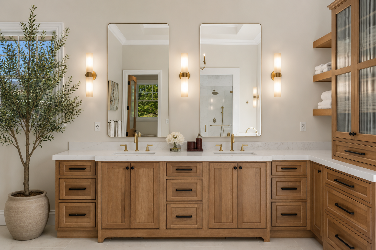 Modern bathroom with double vanity, wooden cabinets, large mirrors, wall sconces, potted plant, and marble countertop.