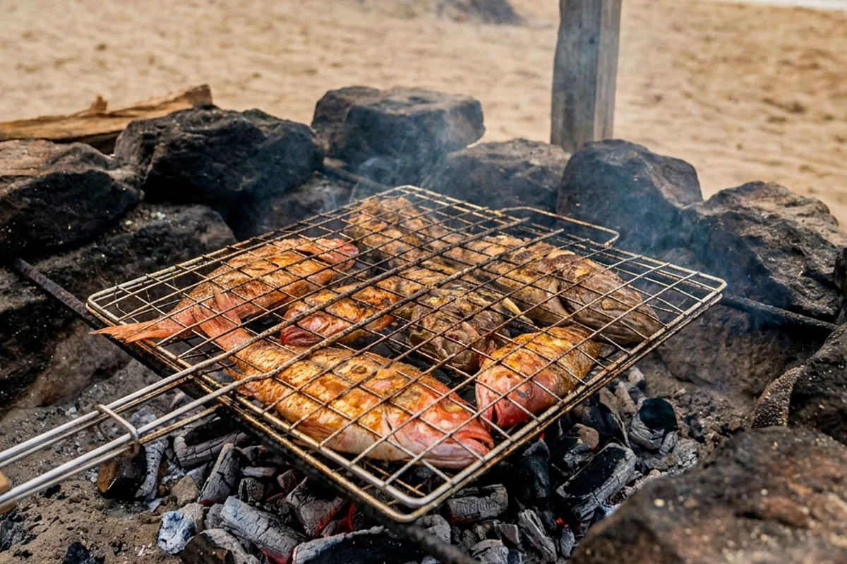 Fish in a basket cooking over coals on a beach.