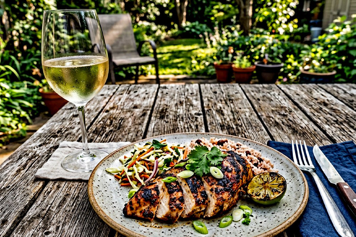 Glass of Pinot Grigio wine with grilled chicken.