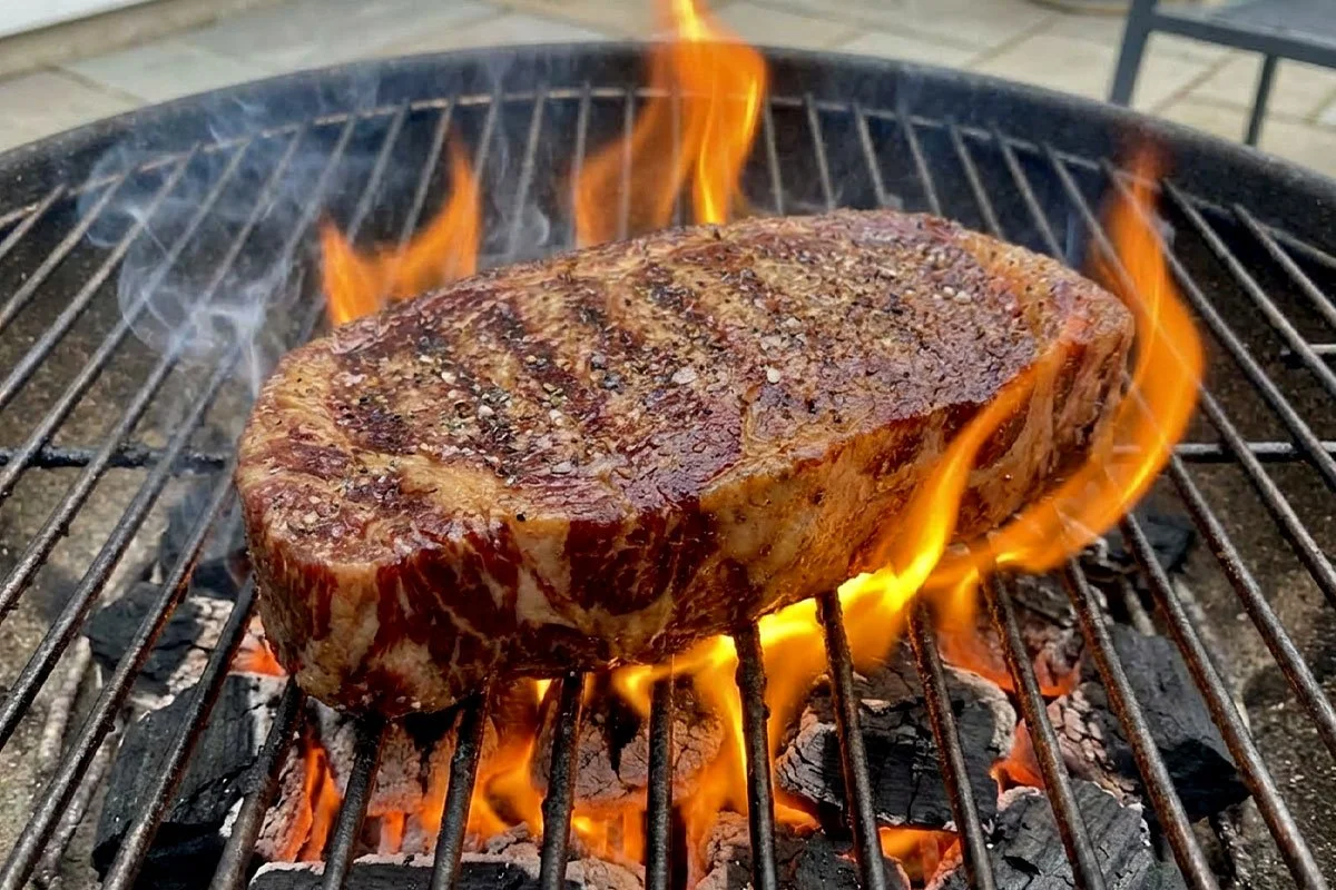 Perfect grilled steak at the start of searing (reverse sear process).