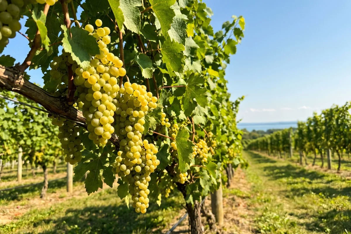 Sauvignon blanc grapes on a vine in a Niagara vineyard.