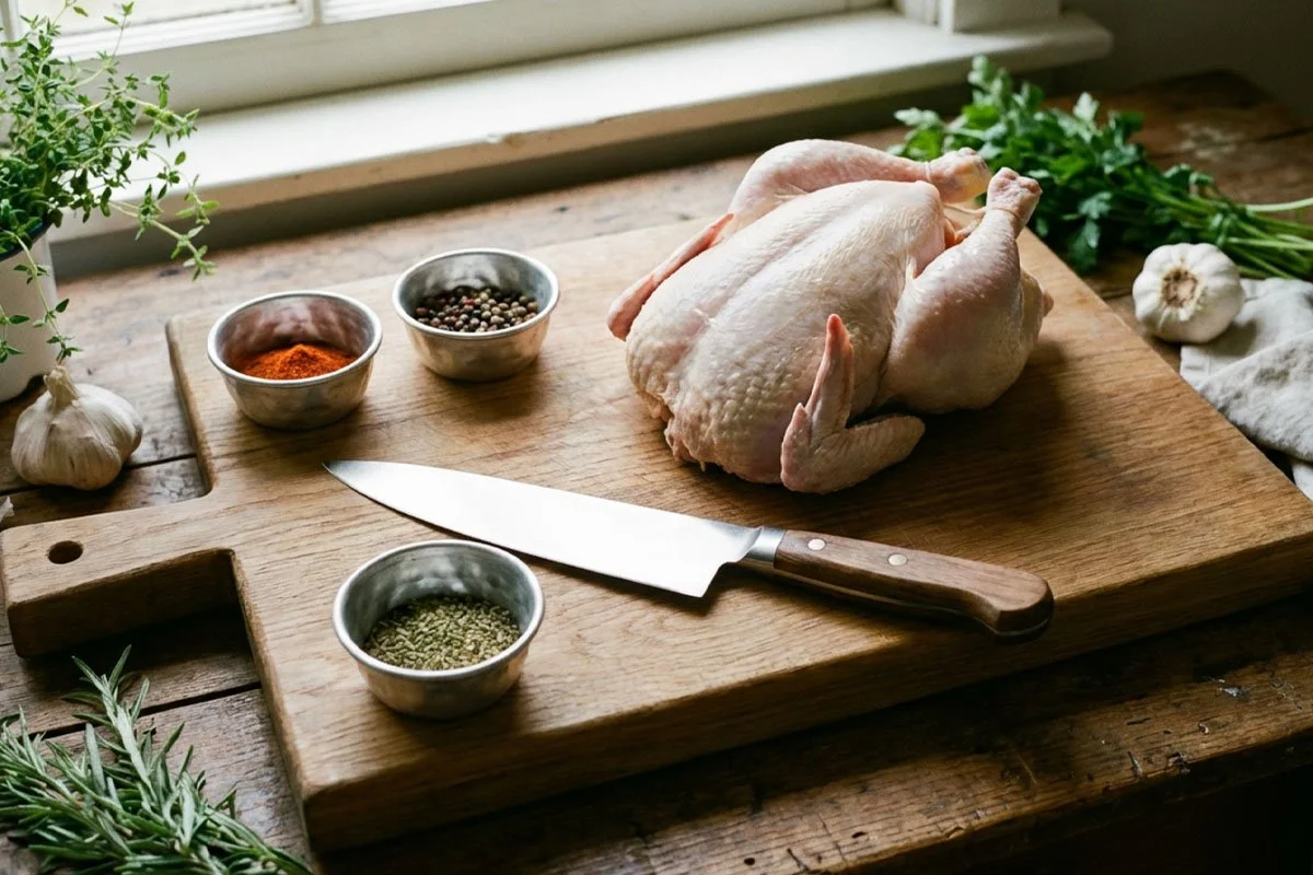 Preparing a whole chicken for grilling.