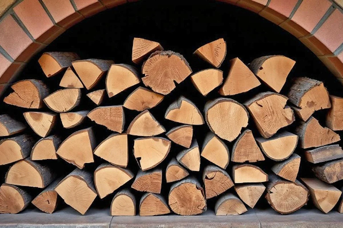 Wood in a woodpile below a brick oven.