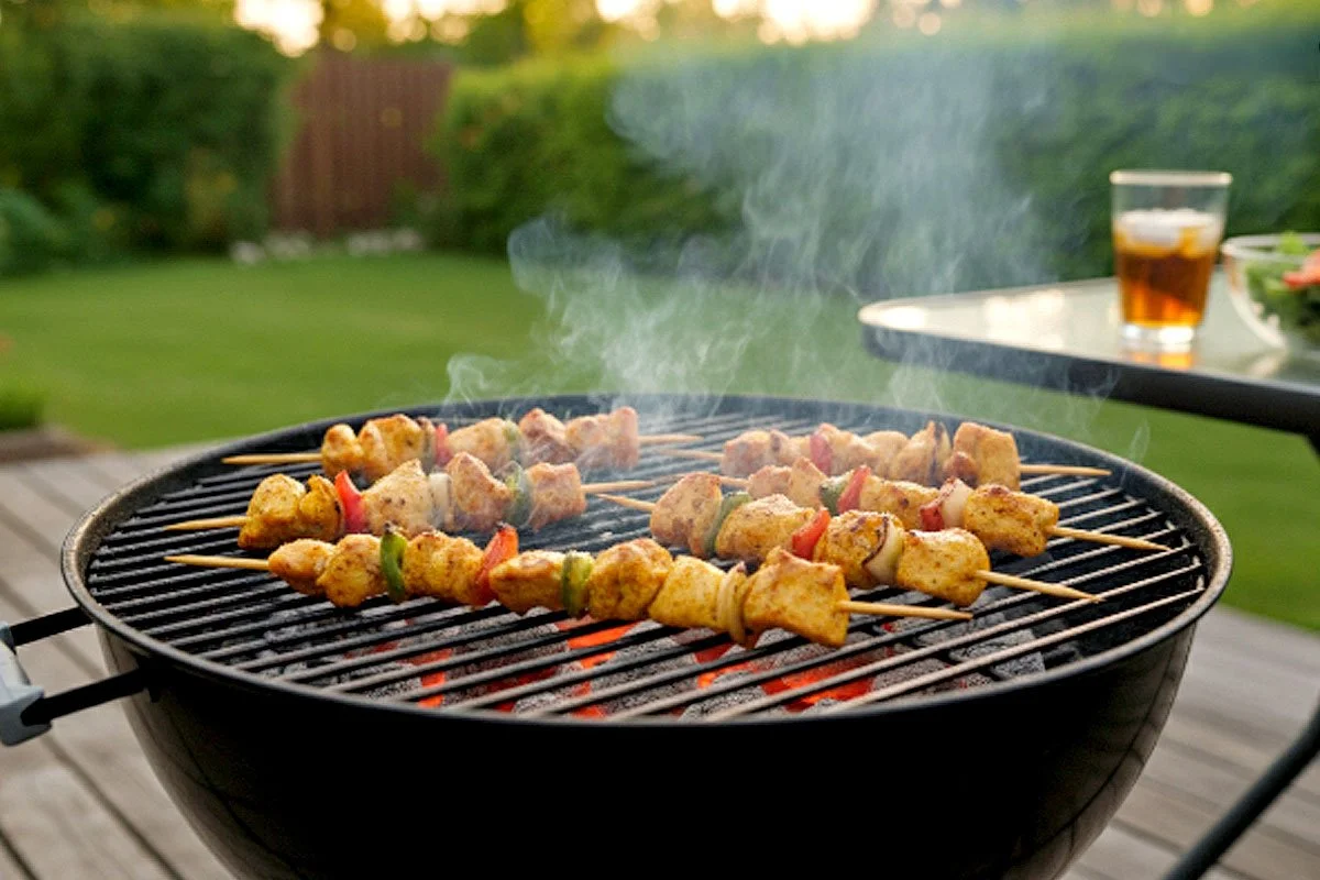Chicken skewers over charcoal on a kettle grill.