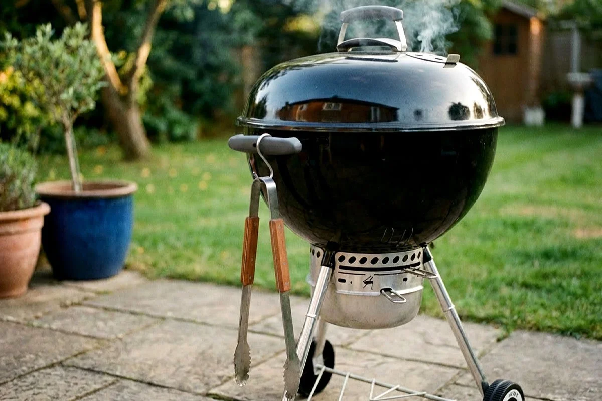 Kettle grill with barbecue tongs.