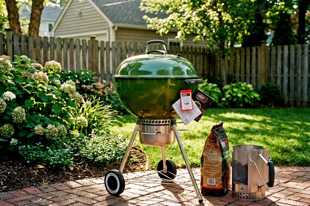 A brand new kettle charcoal grill in a backyard.