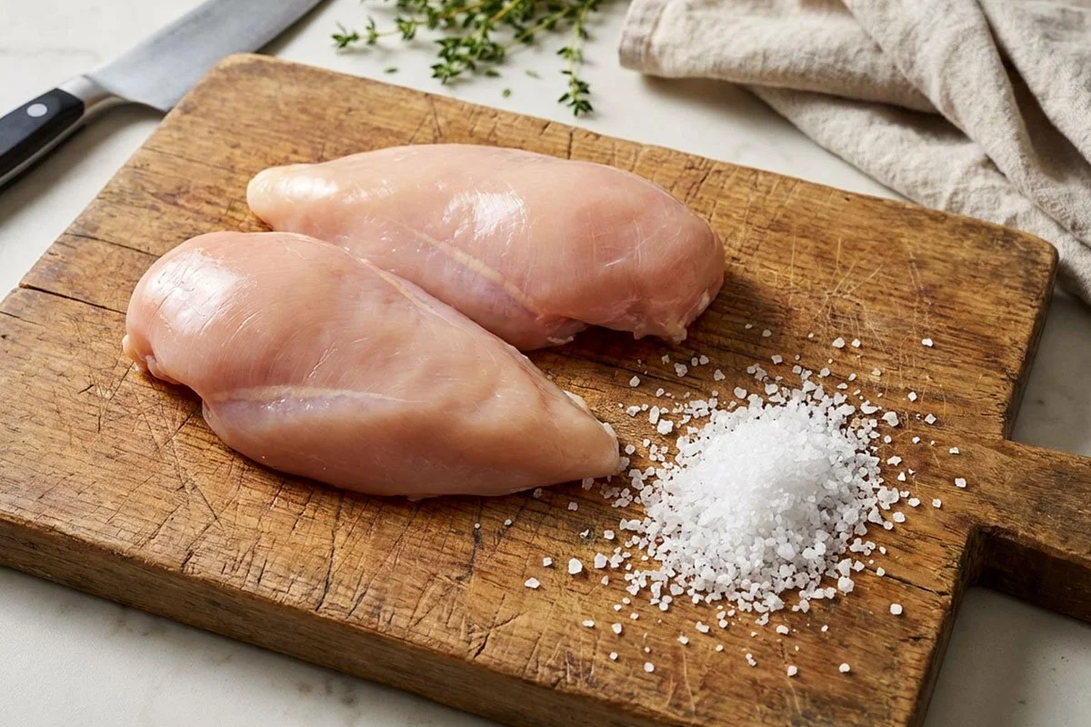 Chicken breasts and salt, ready for brine.