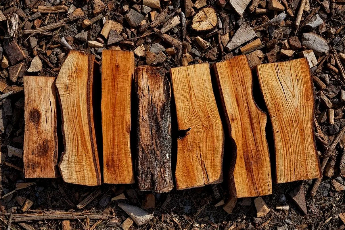 Seven pieces of split hardwood firewood.