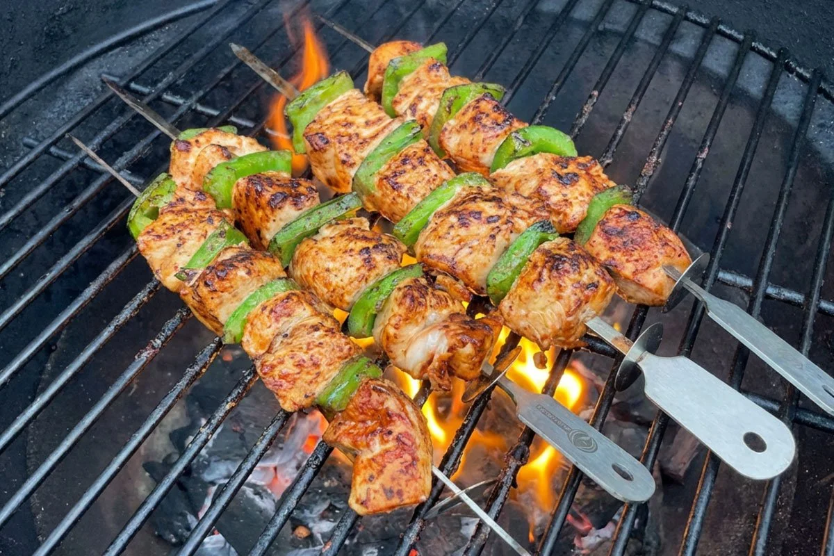 Grilled chicken and veggie skewers.