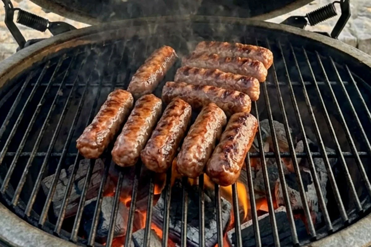 Cevapi cooking on a grill.