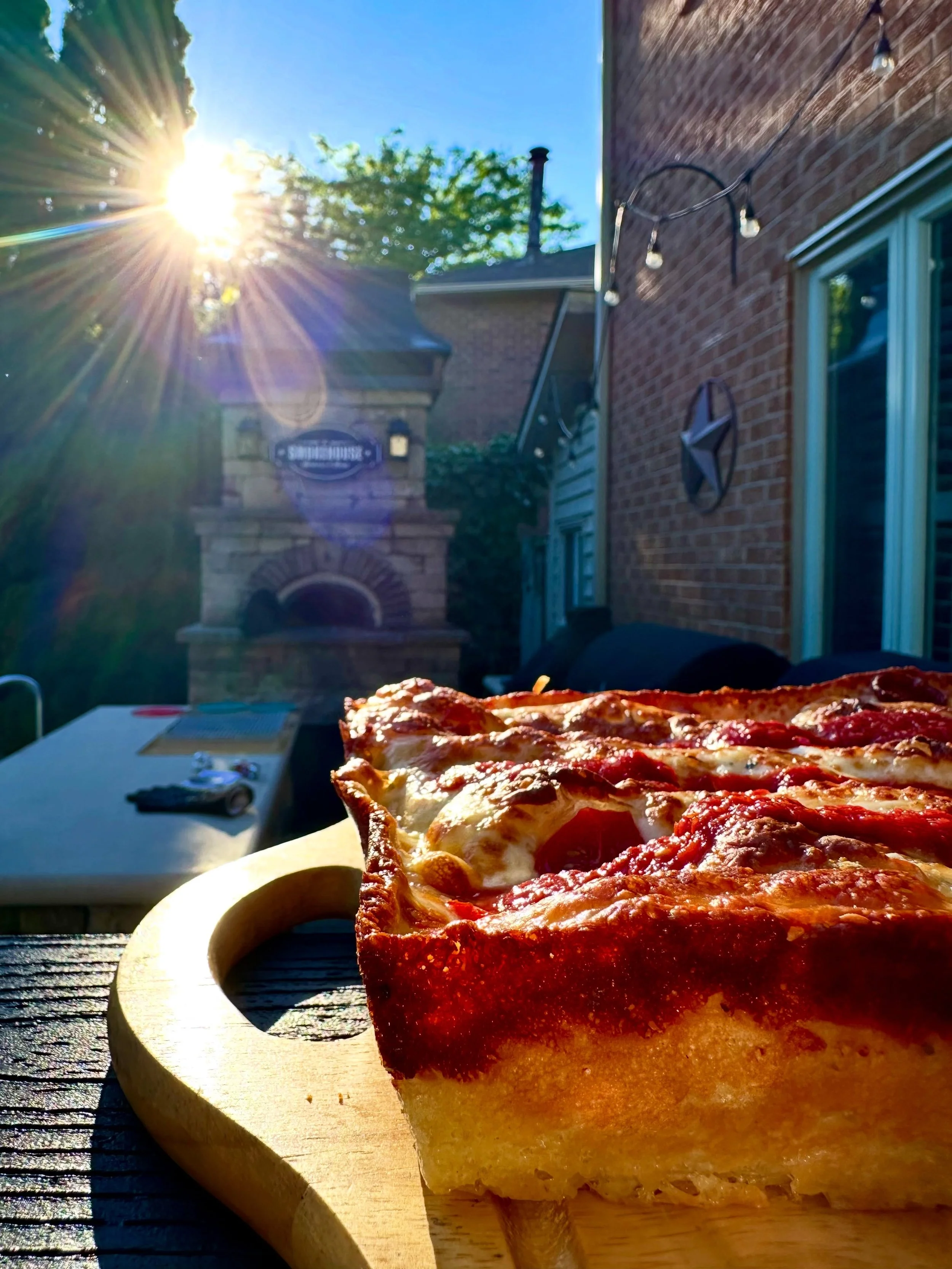 Detroit pizza in the brick oven. High hydration cold fermentation dough cooked up in the brick oven in 10&rdquo; x 14&rdquo; @lloydpans Detroit pan. 

Your brick oven is good for a lot more than just one style of pizza Watch for the Northern Barbecue