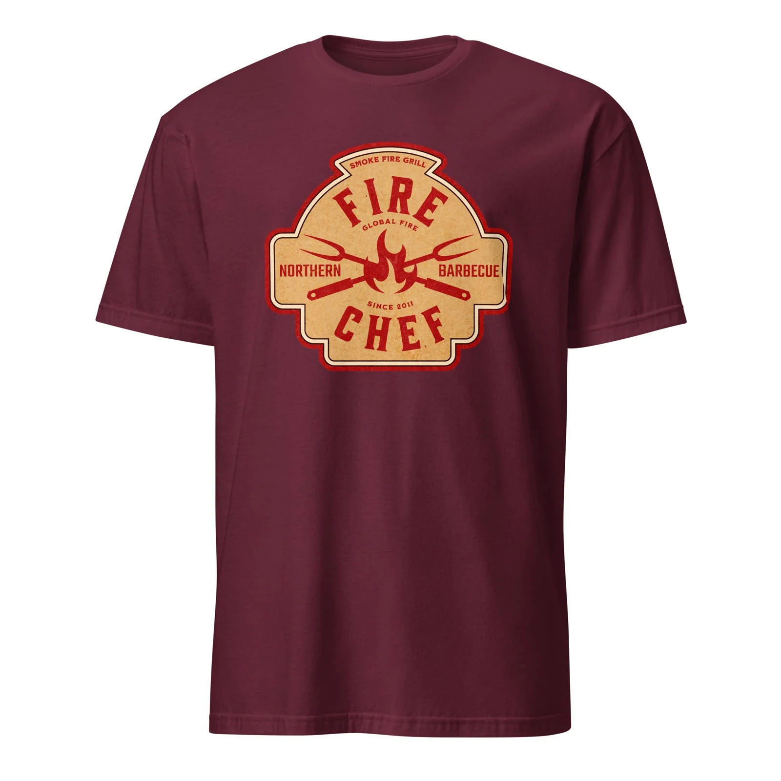 Fire Chef, Global Fire barbecue t-shirt, maroon.