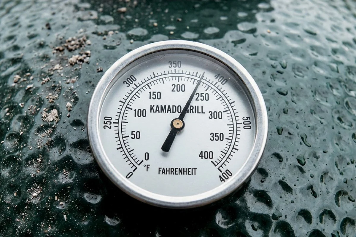 Temperature gage on a kamado grill.