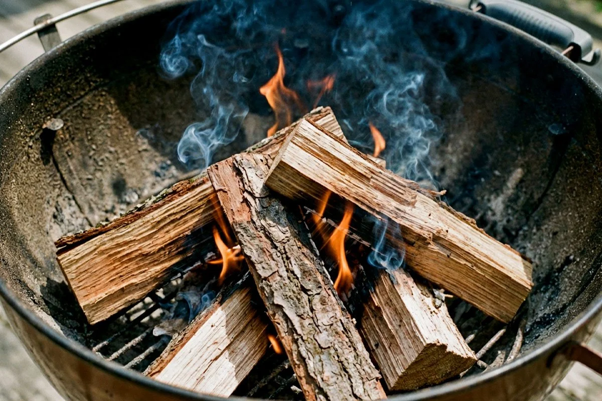 Wood burning in a kettle grill.