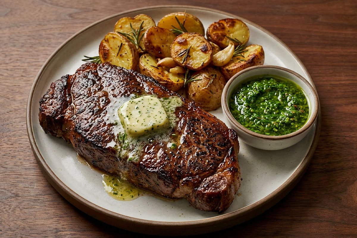 Grilled New York Strip Steak, plated.