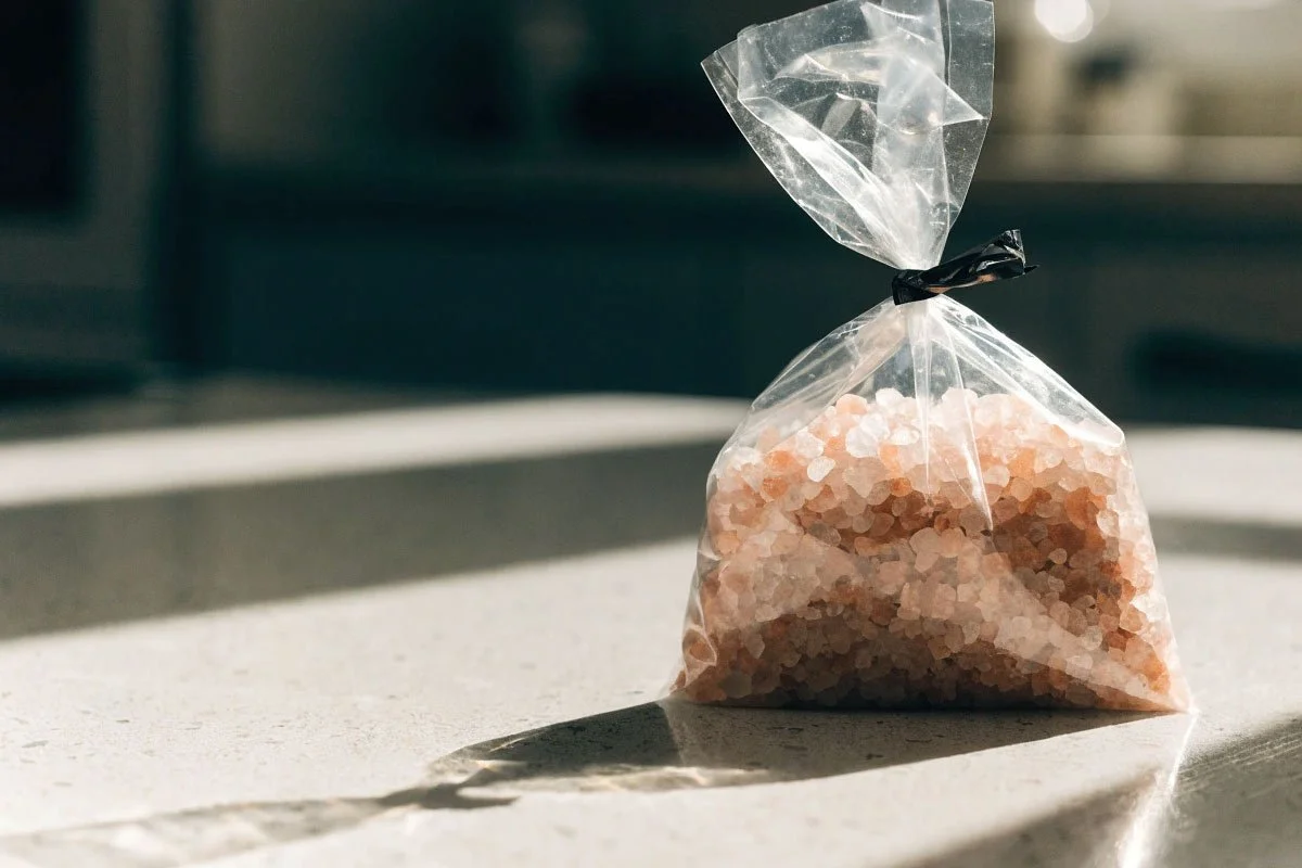 Pink Himalayan rock salt in a baggie.
