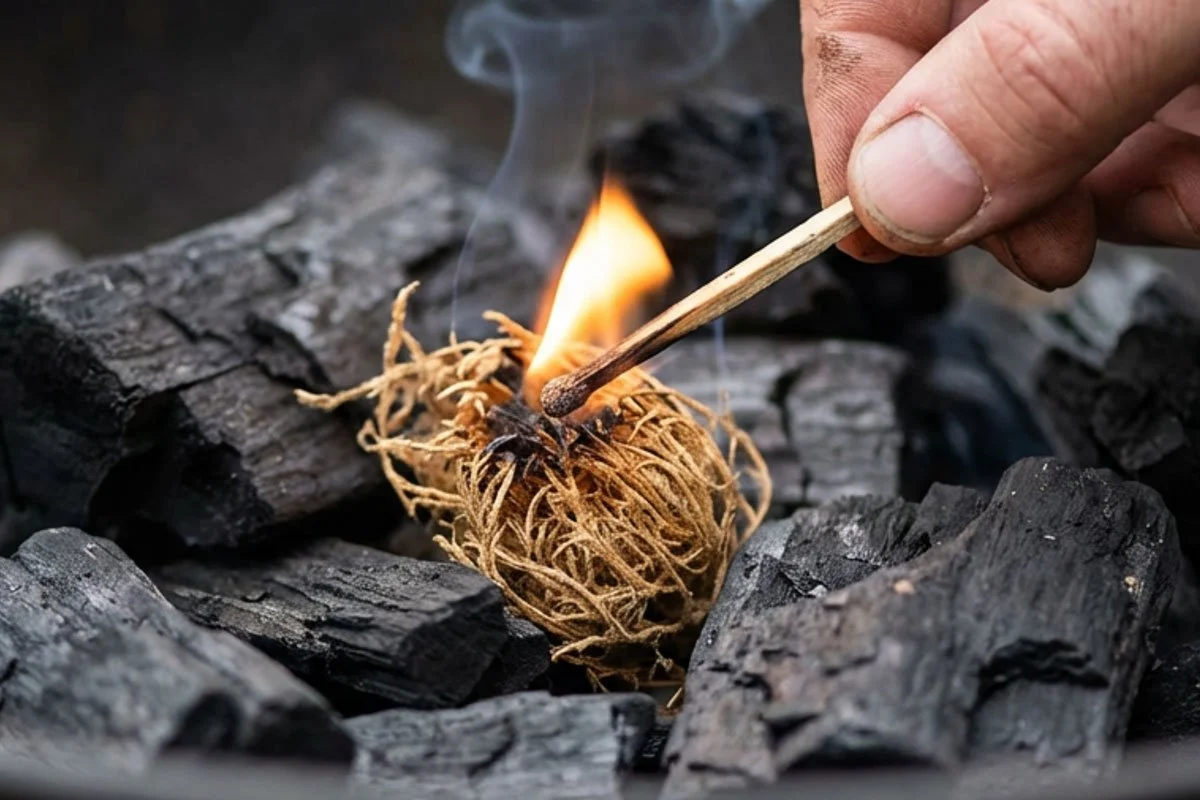 A match lighting lump charcoal with a tumbleweed firestarter.