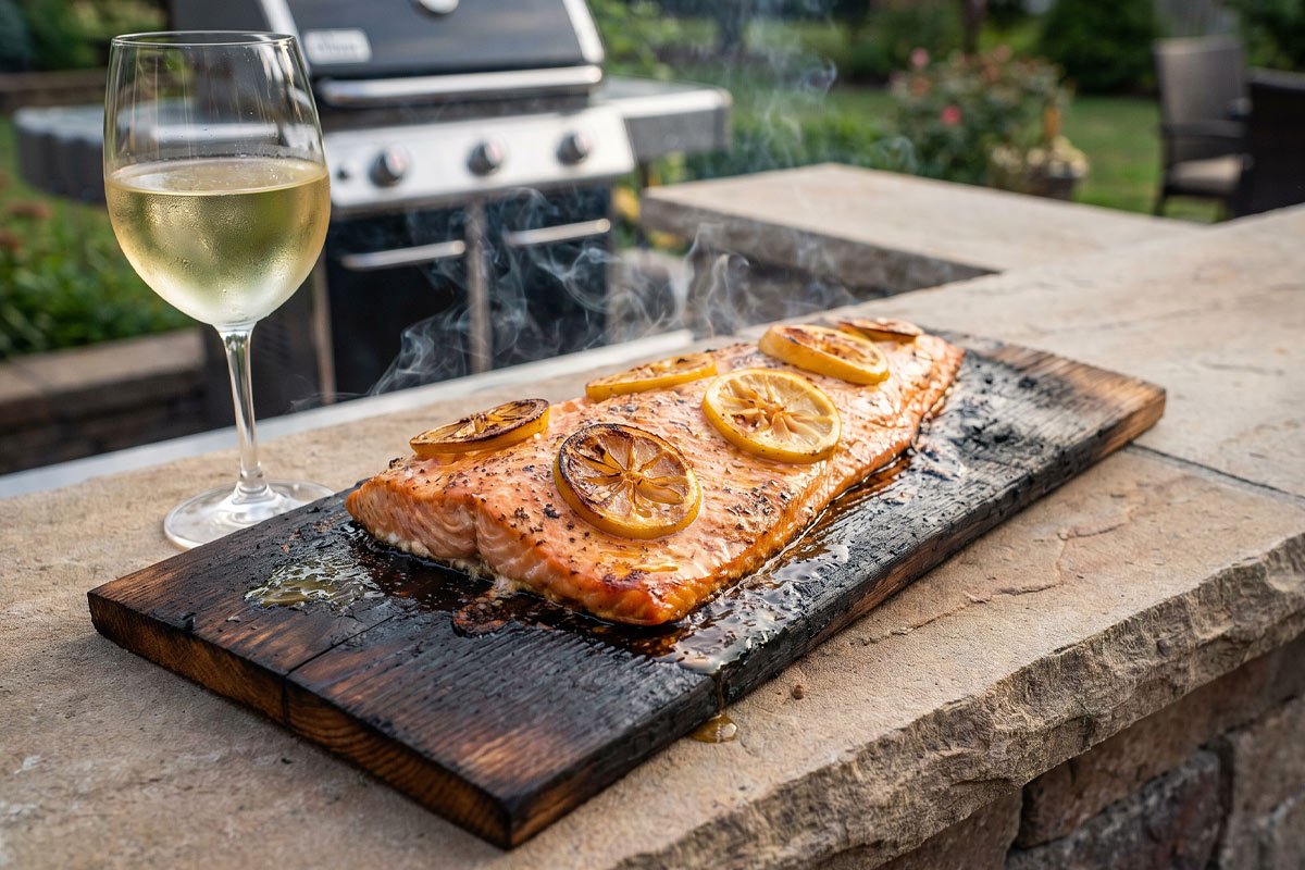 Cedar plank salmon next to a glass of chardonnay.