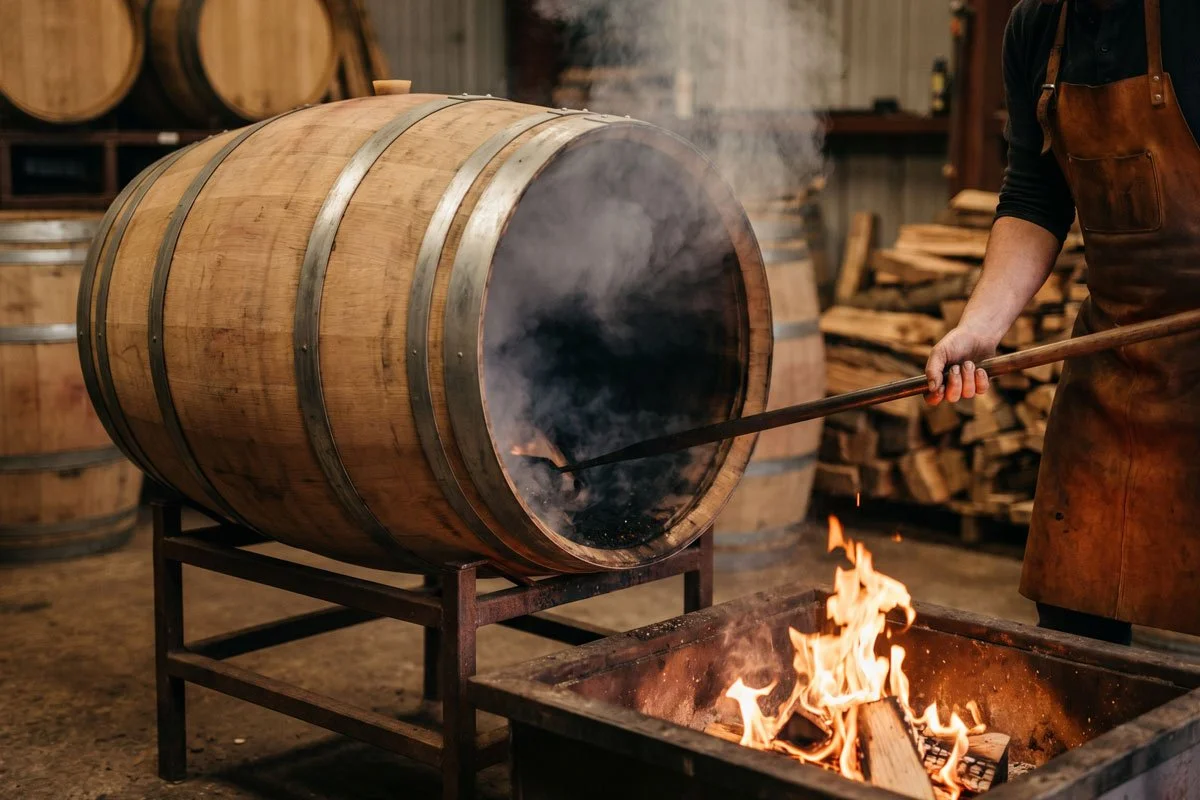 Toasting an oak barrel for wine.
