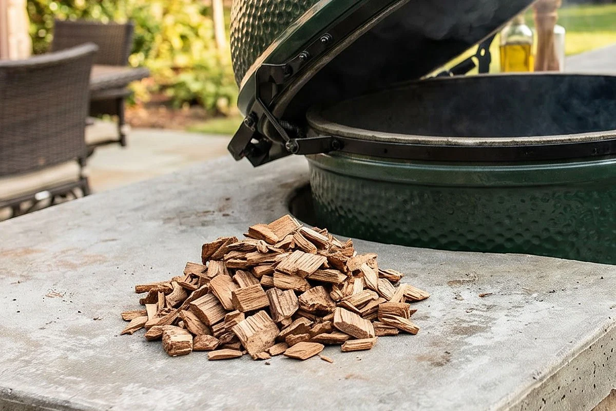 Pecan wood chips next to a smoker.