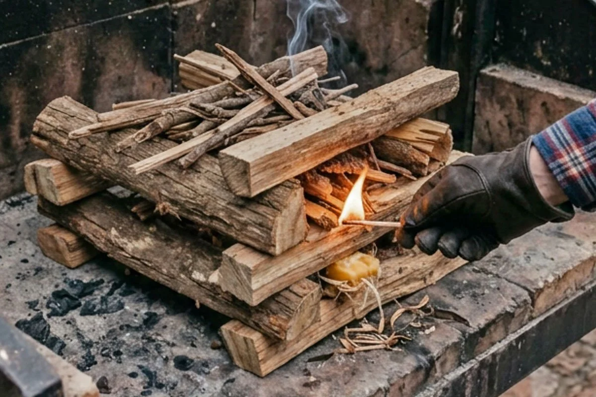 Lighting wood on a gaucho grill.
