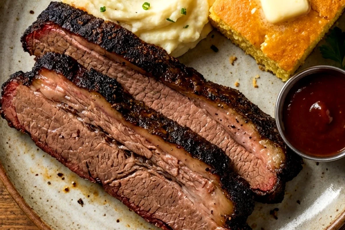 Sliced beef brisket on a plate.