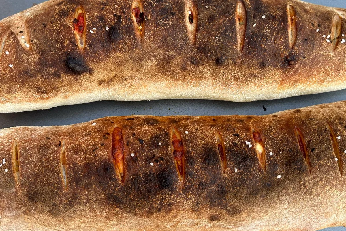 Brick oven stromboli, charred but not burned.