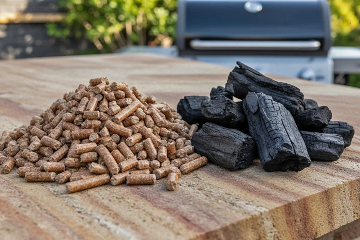 Wood pellets and hardwood lump charcoal.