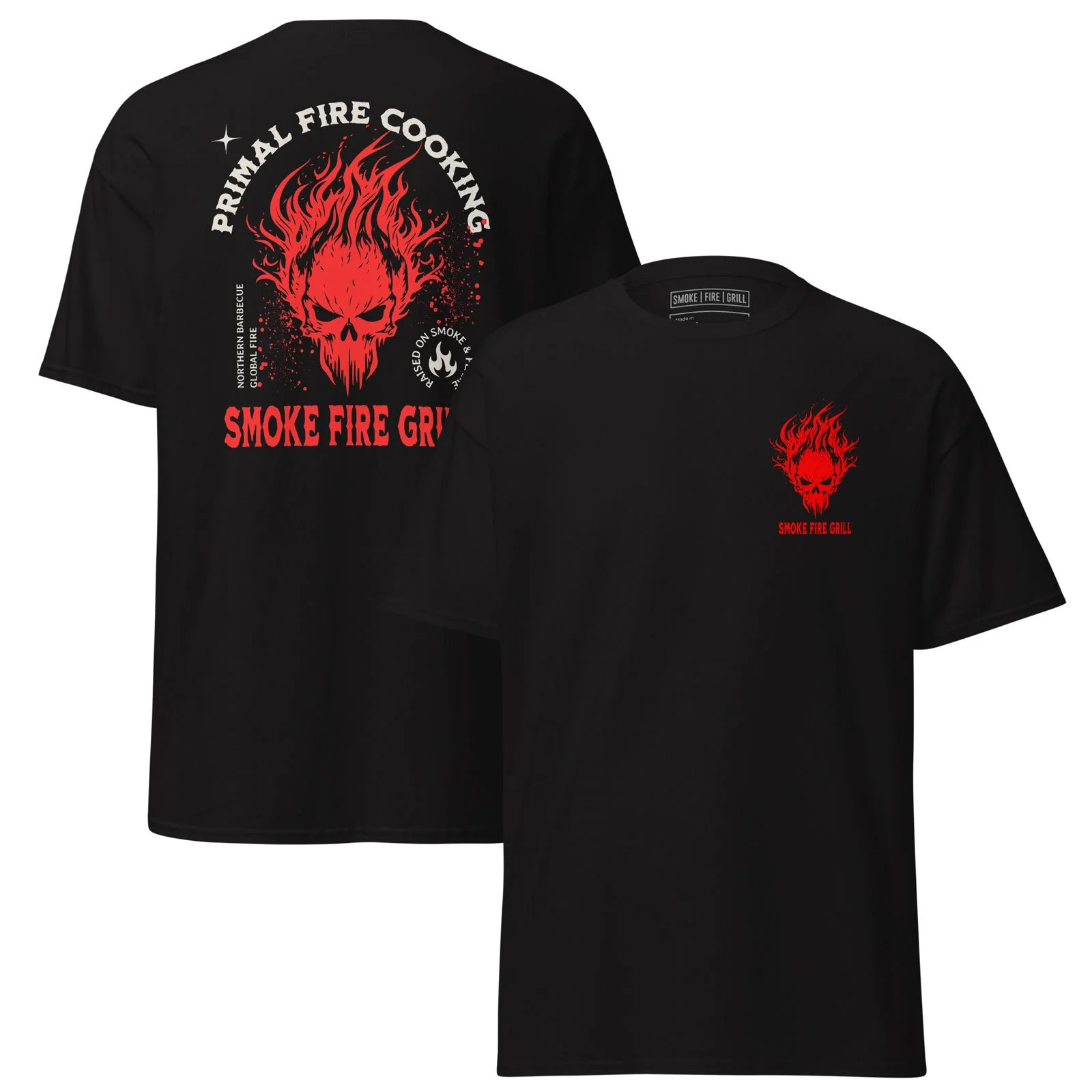 Primal Fire Burning Skull live-fire cooking t-shirt.