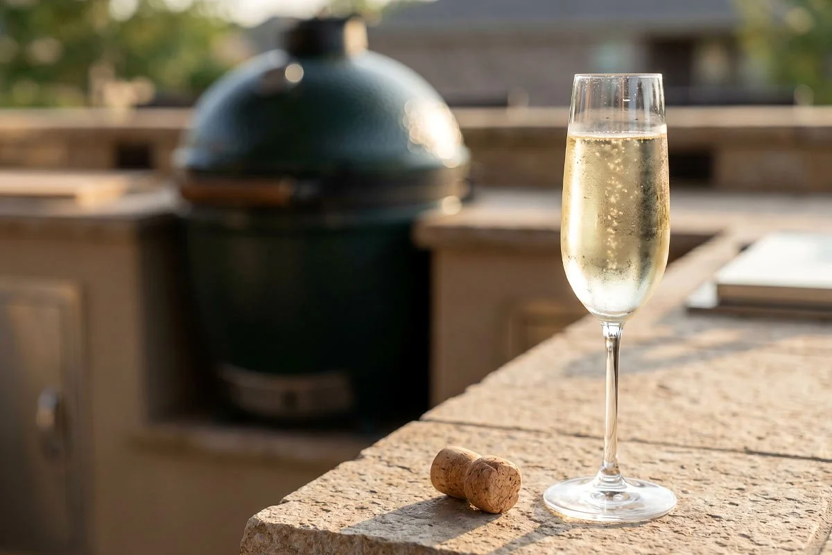 Sparkling wine in a glass on a backyard kitchen counter with barbecue.