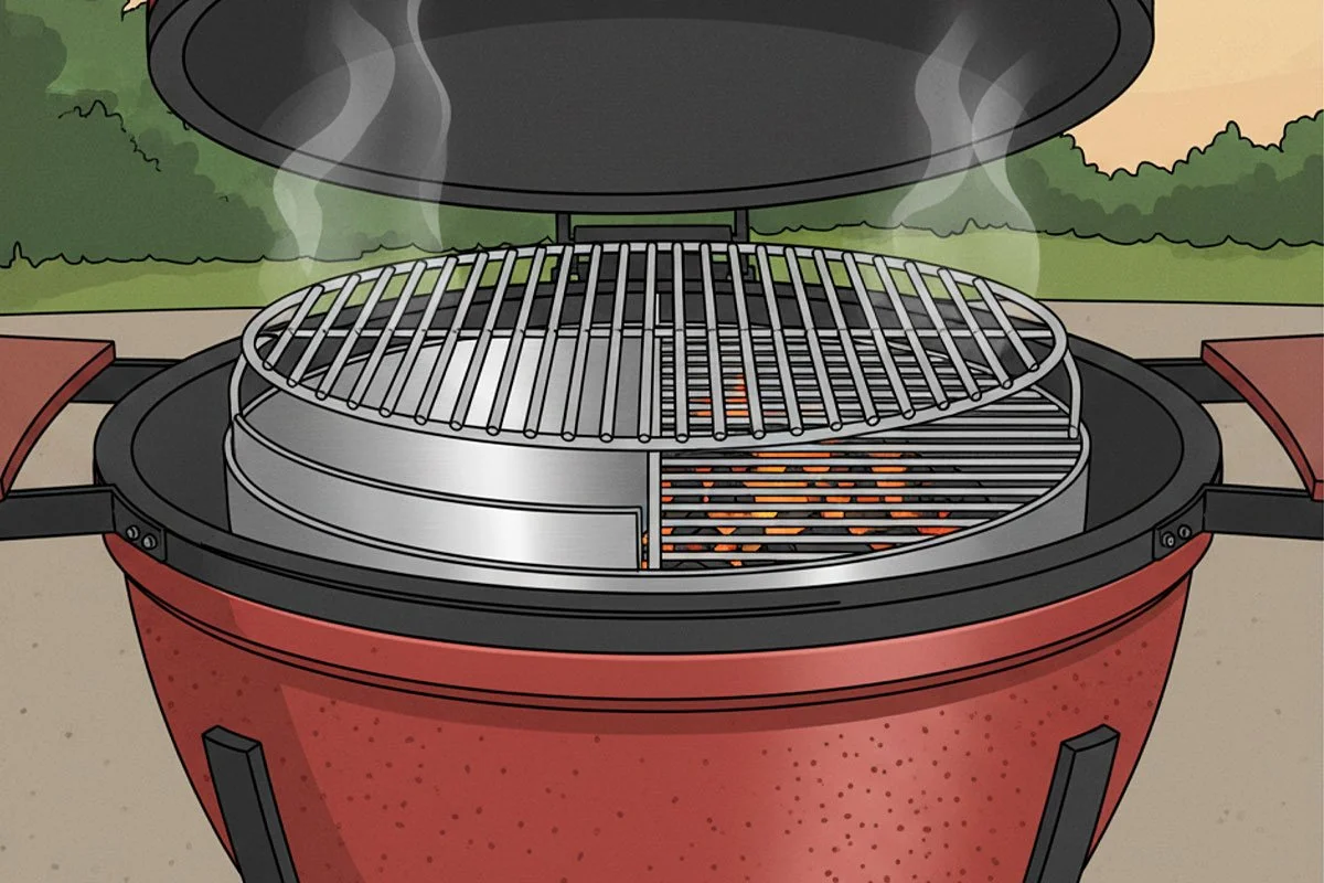 Two zone setup on a charcoal kamado grill.
