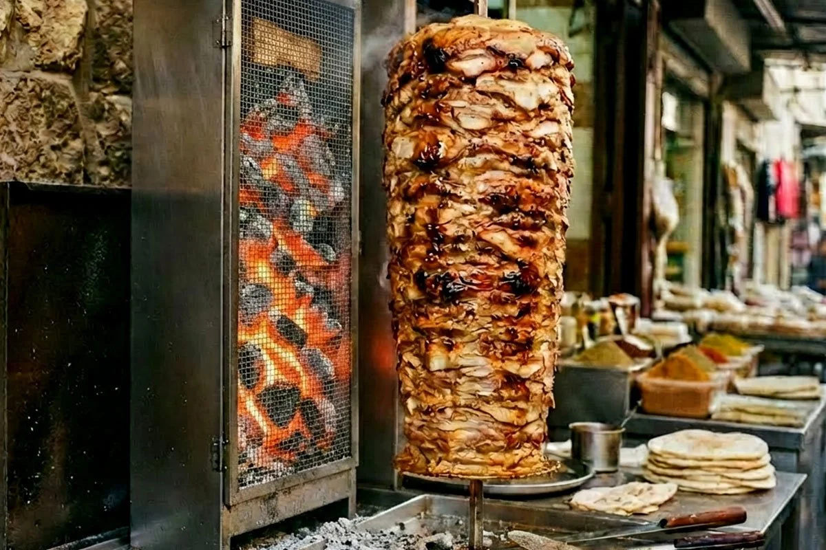 Shawarma on a spike next to coals.