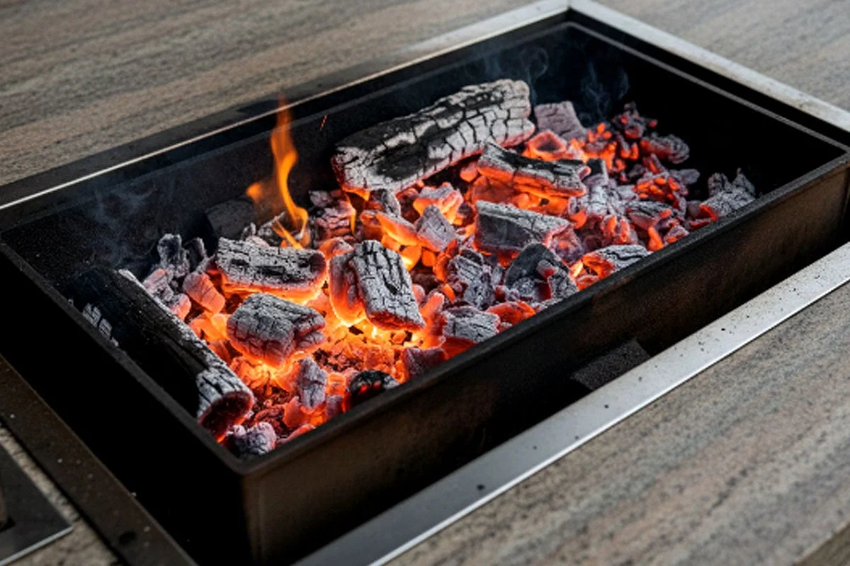 Hardwood coals in a fire bed.
