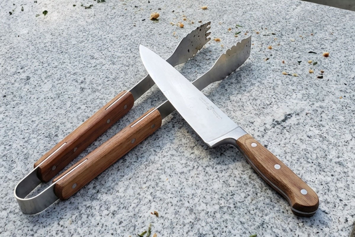 BBQ tongs and a knife on an outdoor kitchen counter.