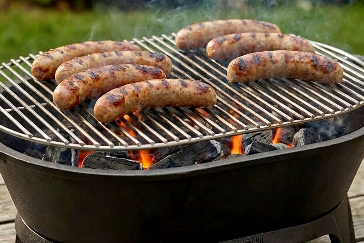 Sausage on a hibachi grill.